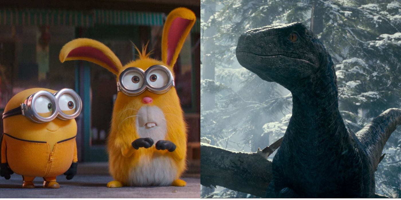 A split image of the Minions from the Despicable Me franchise and of Blue from the Jurassic World films