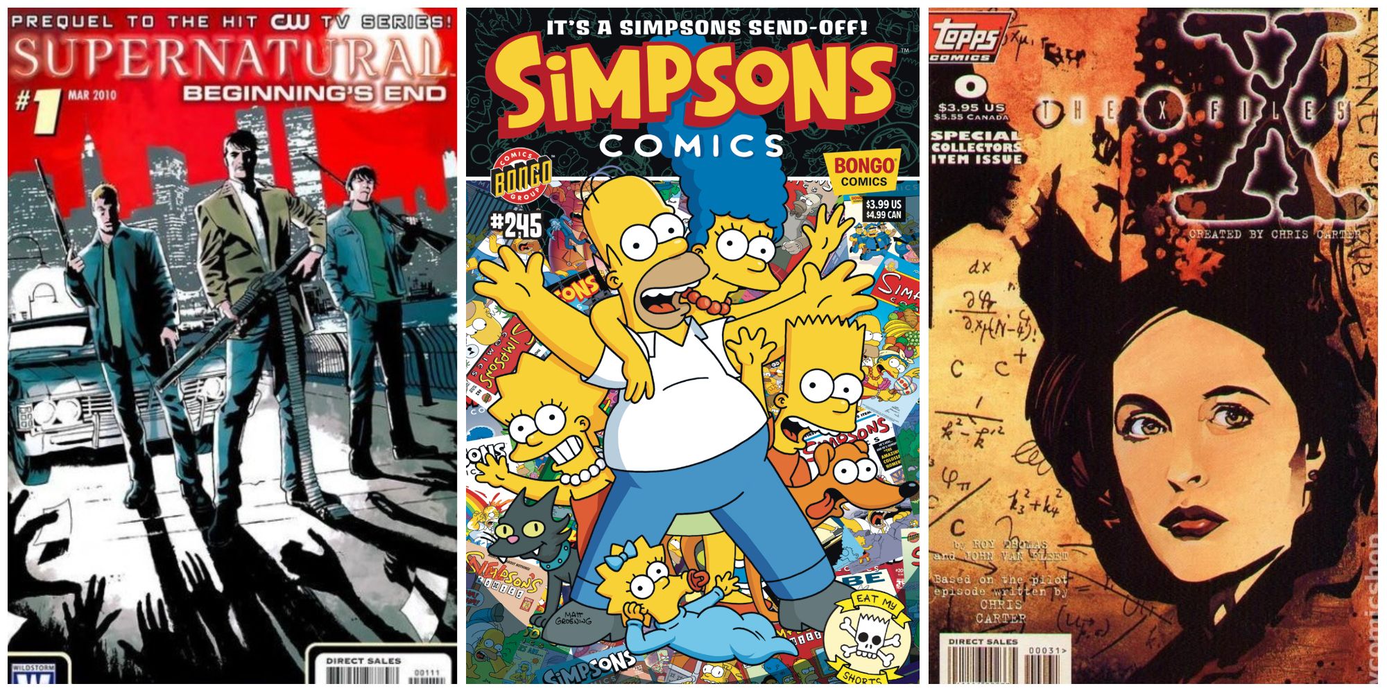 Split images of X-Files, Supernatural, and Simpsons comic covers