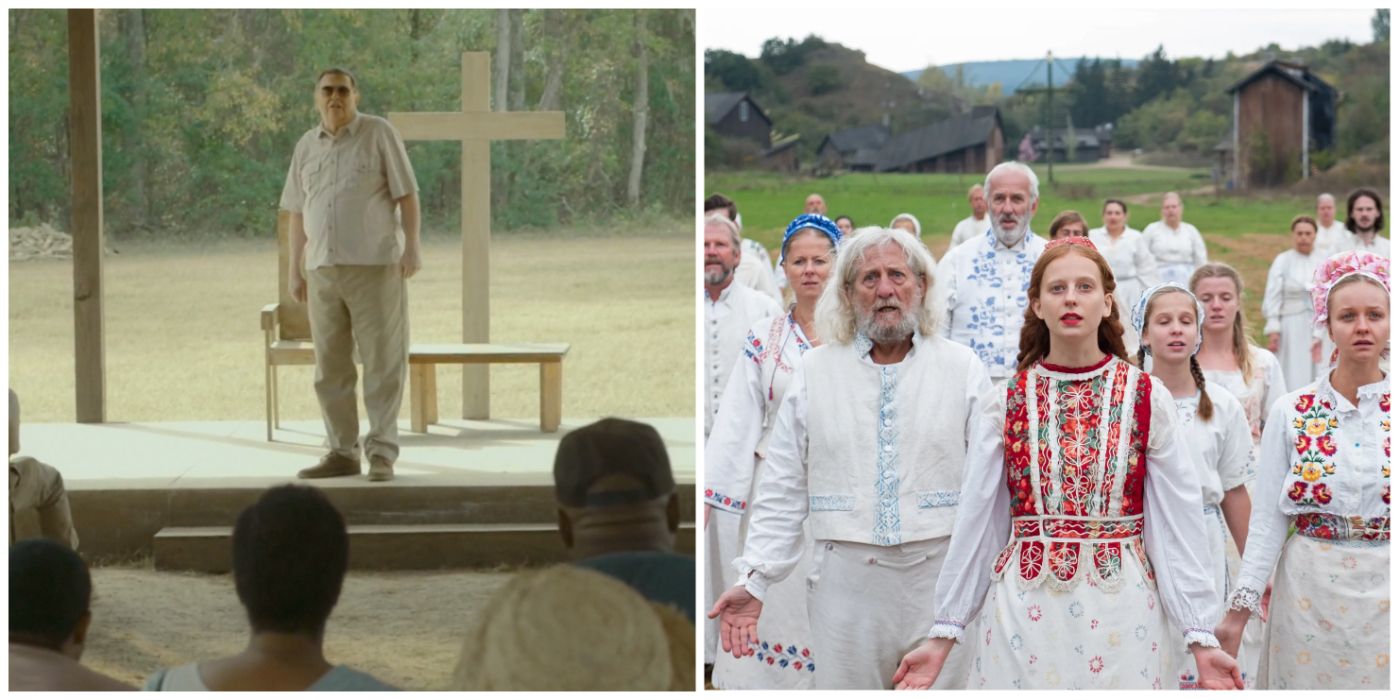 split image of The Sacrament and the cult of Midsommar