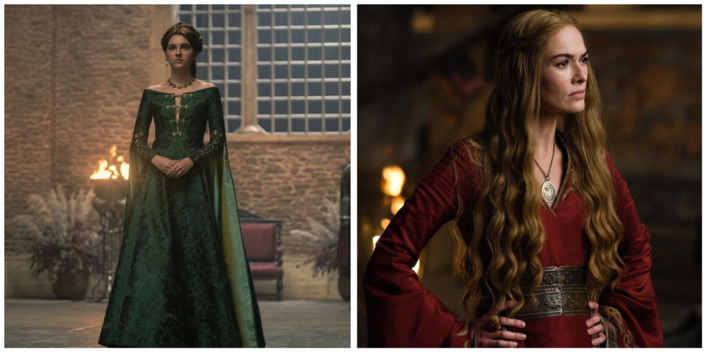 Alicent Hightower in her green dress in House of the Dragon and Cersei Lannister in her red dress in Game of Thrones