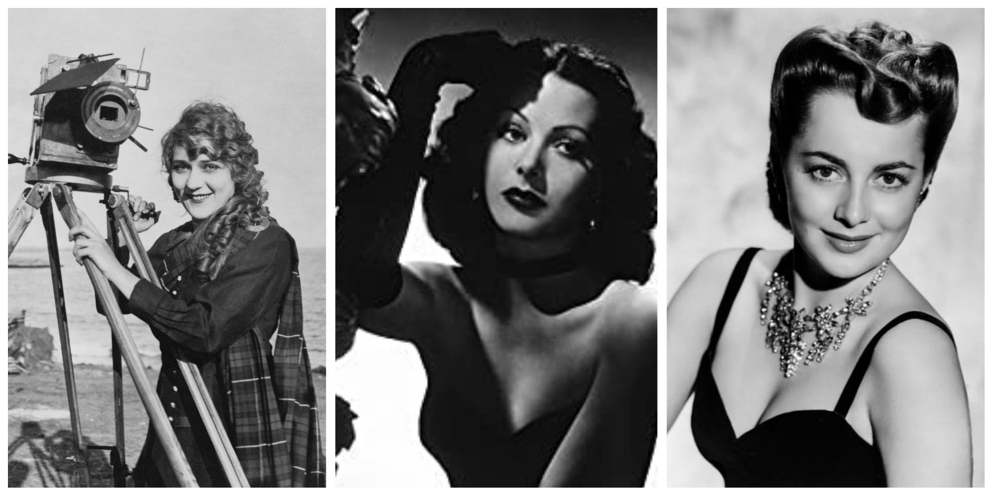 Collage of Mary Pickford, Hedy Lamarr, and Olivia de Havilland