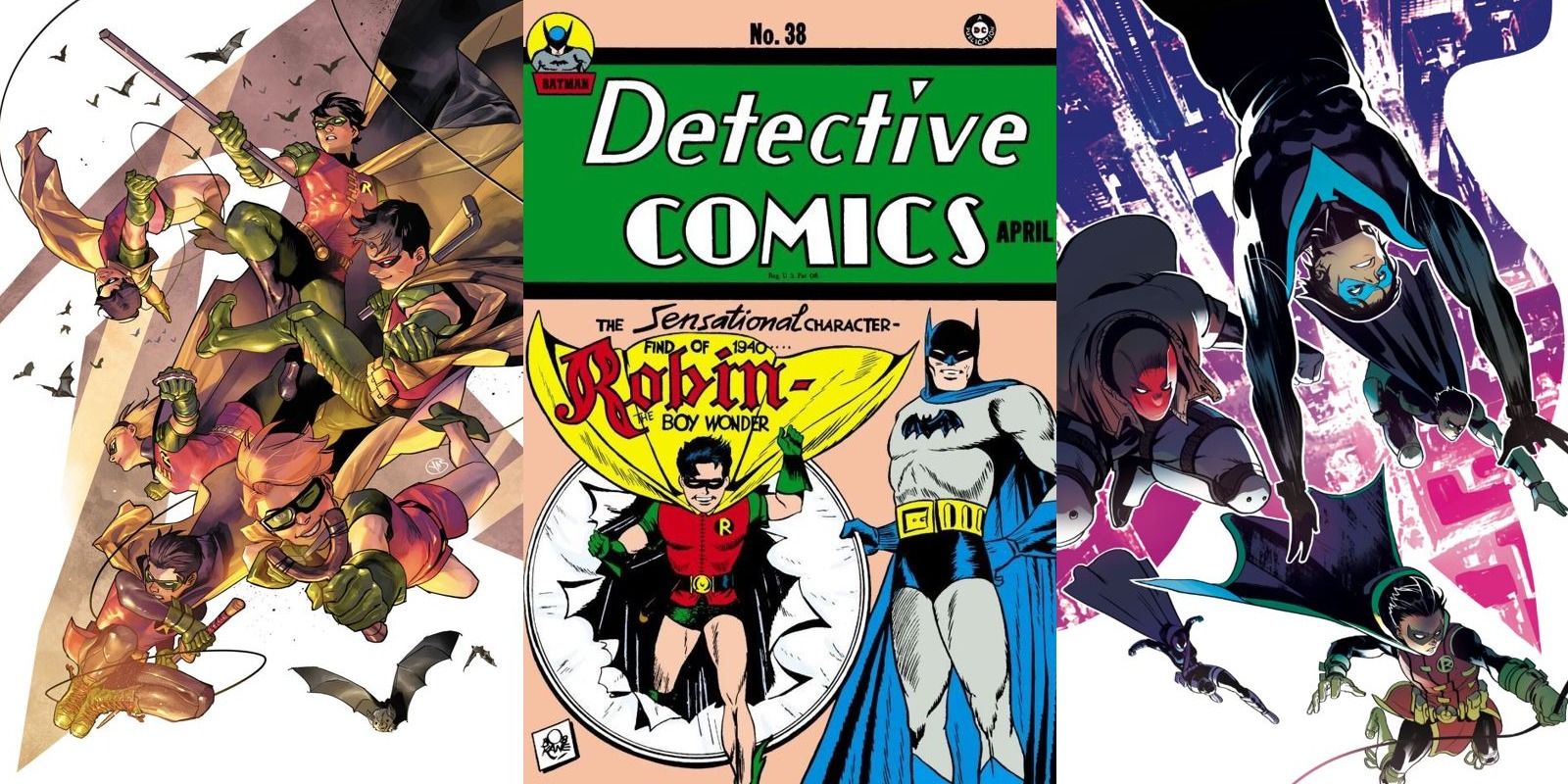 three way image of Robins from DC Comics like Dick Grayson, Jason Todd, and Damian Wayne