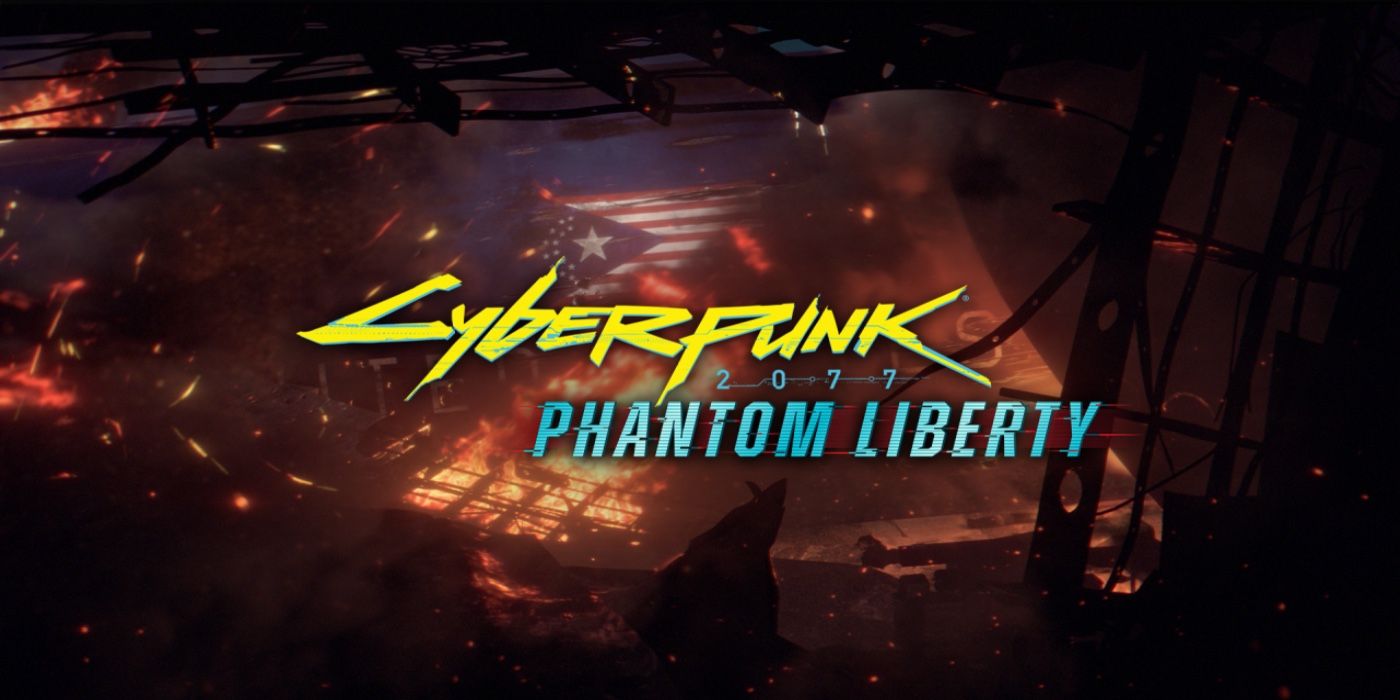 Logotipo do Cyberpunk 2077: Phantom Liberty com destroços em chamas ao fundo.