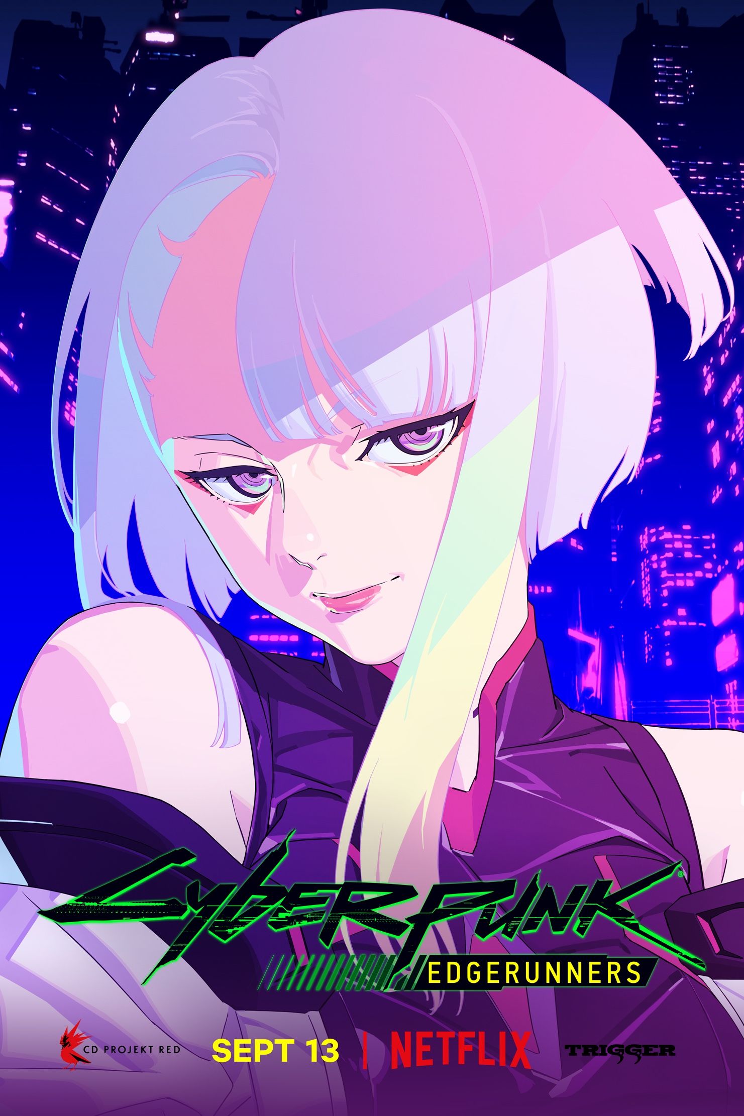 Lucy looks at the viewer on the Cyberpunk Edgerunners Poster