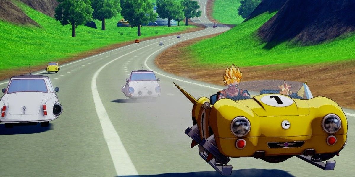 Goku and Gohan driving a car in Dragon Ball Z: Kakarot