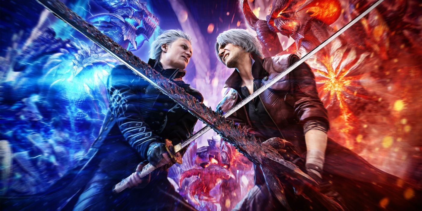 Dante e Vergil de Devil May Cry 5 espadas se chocando.