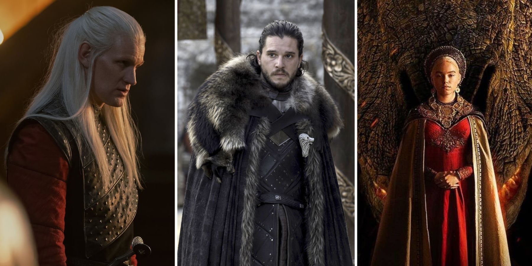 Daemon Targaryen, Jon Snow, and Rhaenyra Targaryen from House of the Dragon and Game of Thrones.