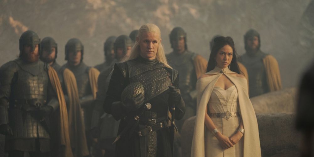 Daemon Targaryen with Mysaria and a dragon egg in House of the Dragon