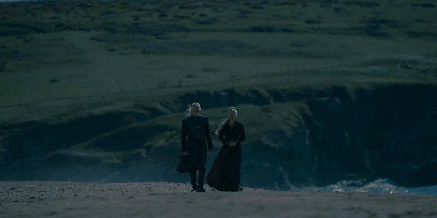 Daemon and Rhaenyra walking on the beach in House of the Dragon.
