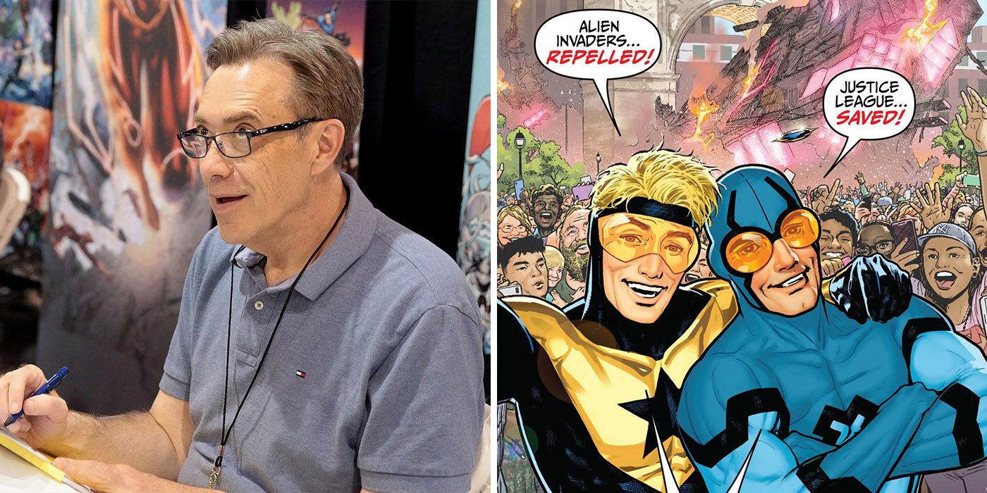 split image Dan Jurgens with Booster Gold and Blue Beetle from DC Comics