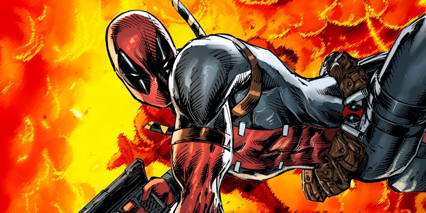 An image of Deadpool vaulting away from an explosion