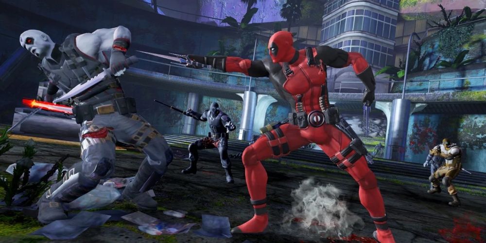 Deadpool fighting several foes in the Deadpool video game