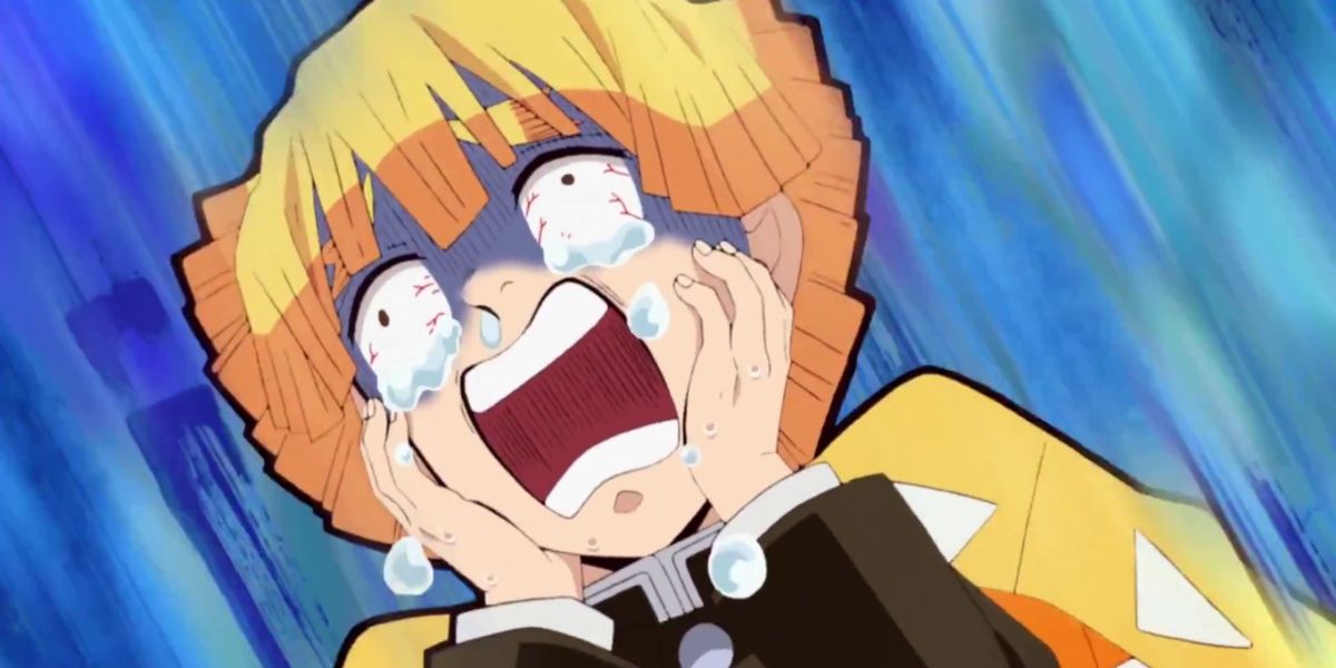 Zenitsu crying and yelling in Demon Slayer.