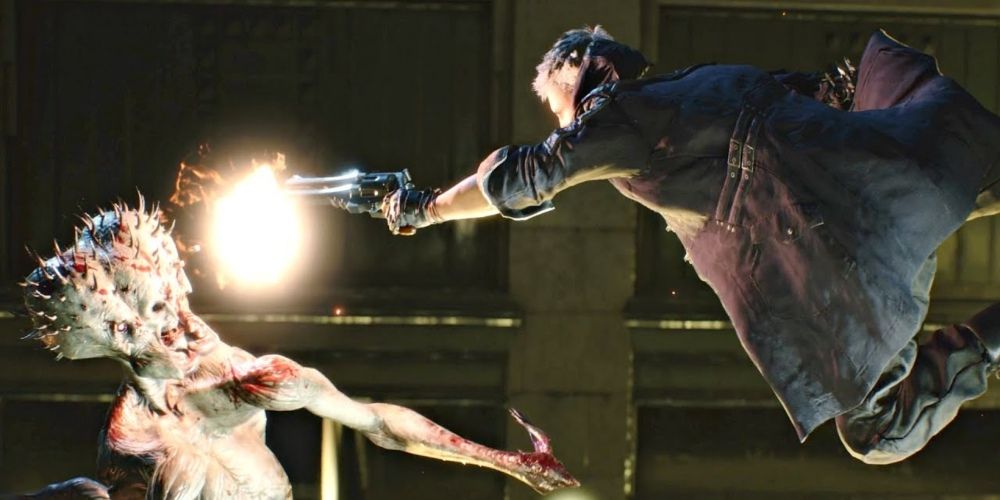 Nero shooting a demon in Devil May Cry 5 opening cutscene