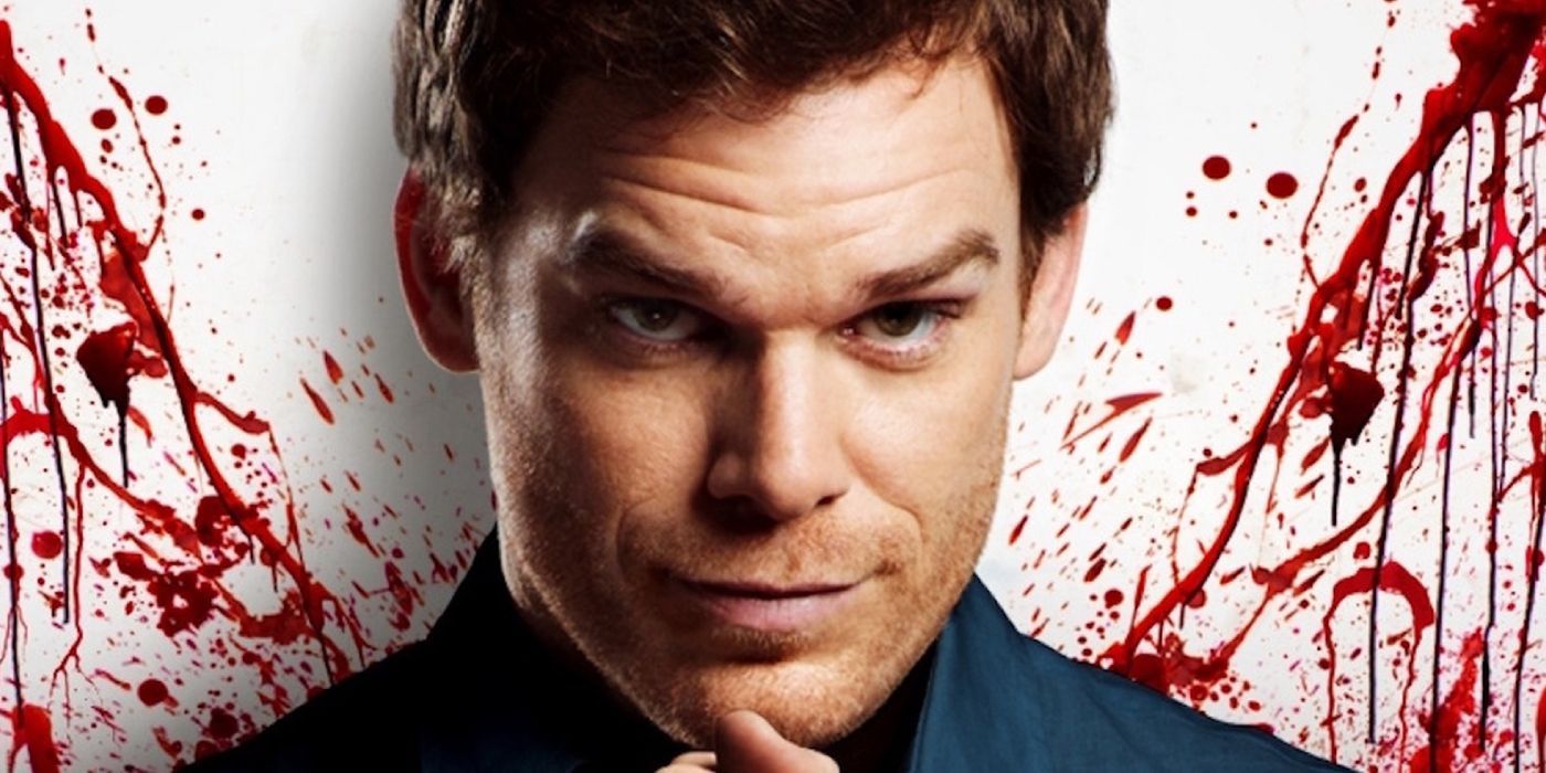 Dexter grins with a splatter of blood behind him
