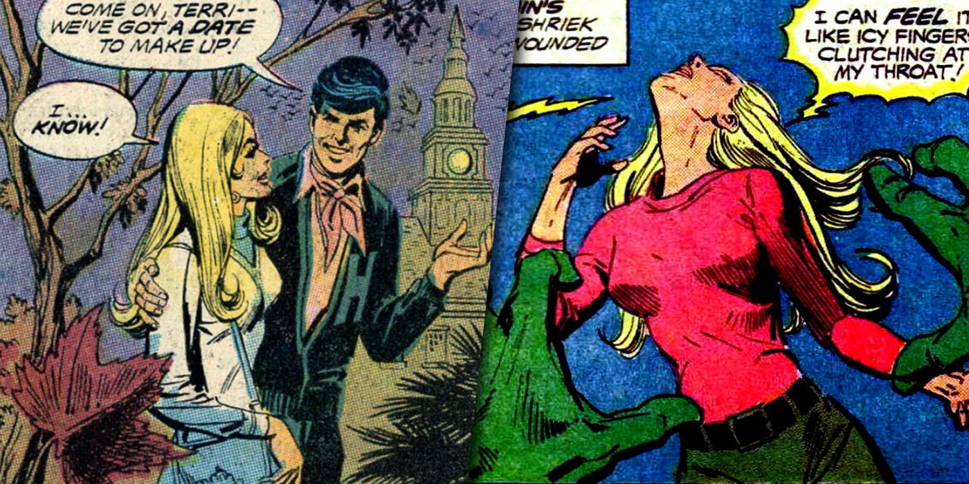 Dick Grayson and Terri Bergstrom split image with her possessed