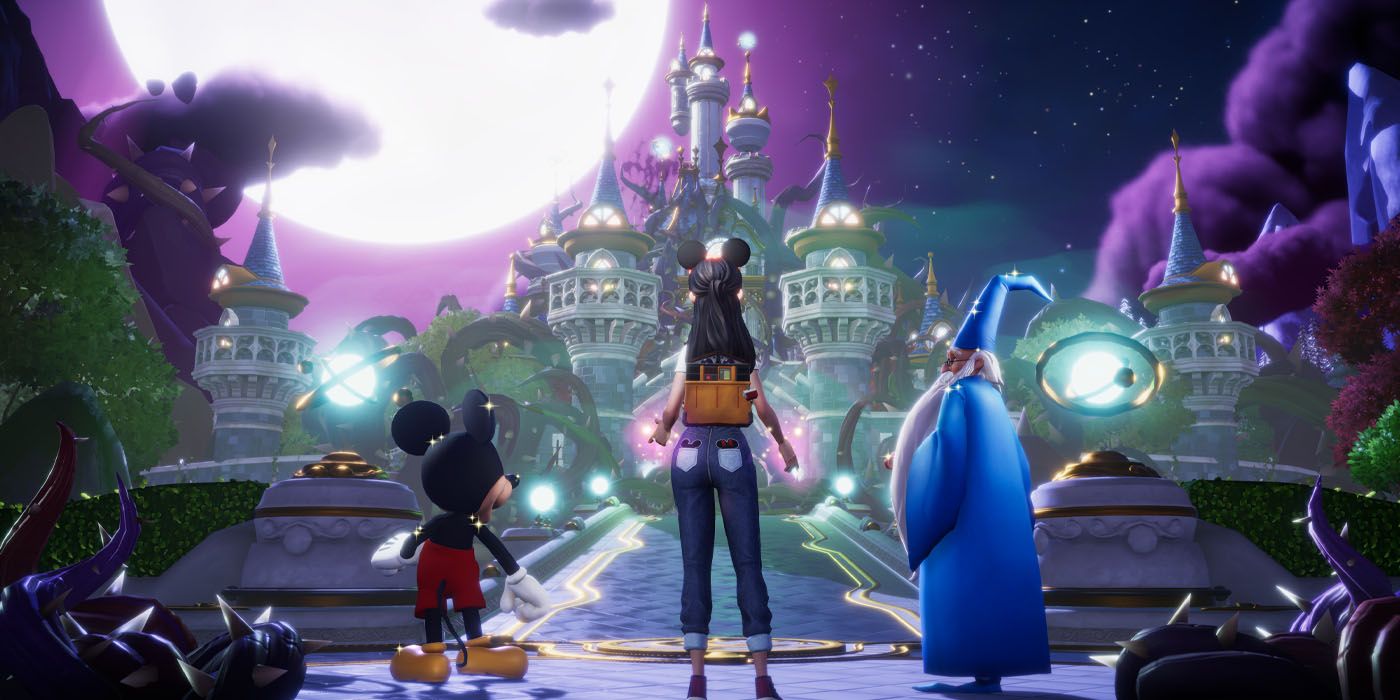 Merlin and Mickey standing with the player in Disney Dreamlight Valley.