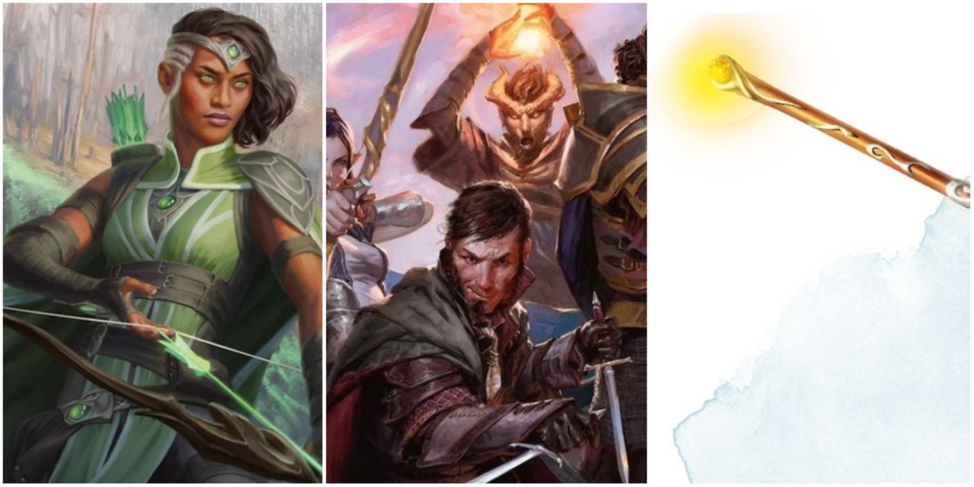 A split image of a Ranger, a party working together, and A Wand of Fireballs from DnD