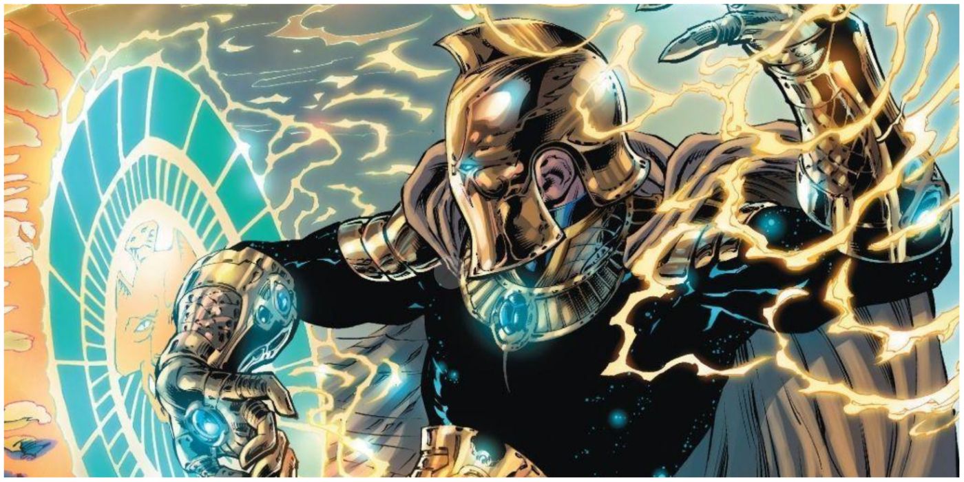 Doctor Fate holding a magic shield with lighting around him in DC Comics