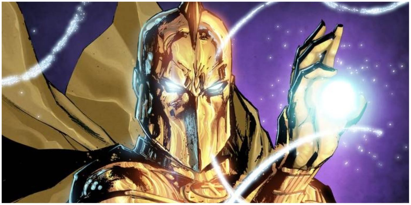 Doctor Fate with a ball of magic energy in his raised hand in DC comics
