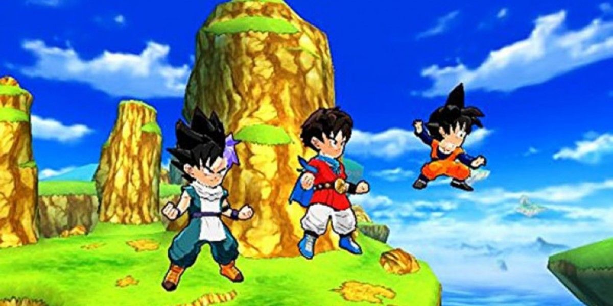 The player character, Goten, and a fusion of Trunks and Gohan in Dragon Ball Fusions