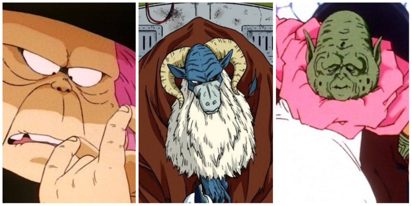 A split image of three Dragon Ball Characters: Fortuneteller Baba, Moro, Elder Guru