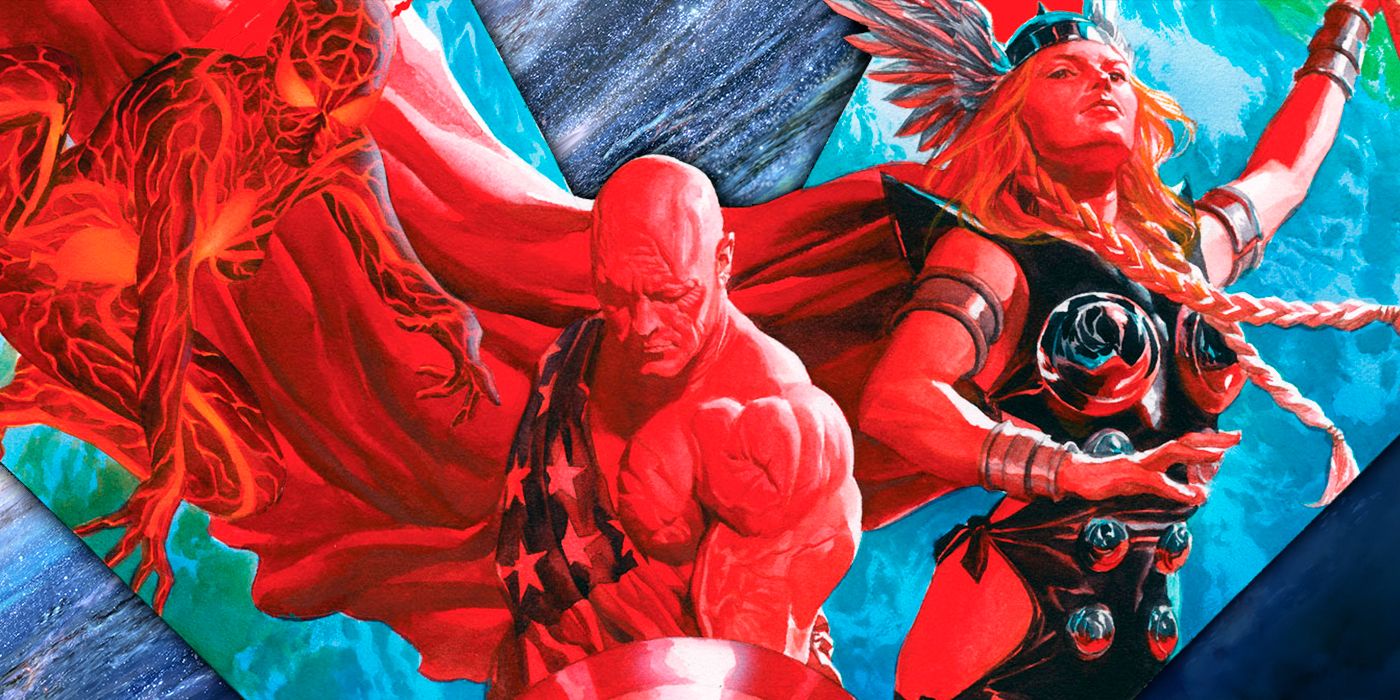 A symbiote Spider-Woman, Captain America, and Thor in Alex Ross's Earth X