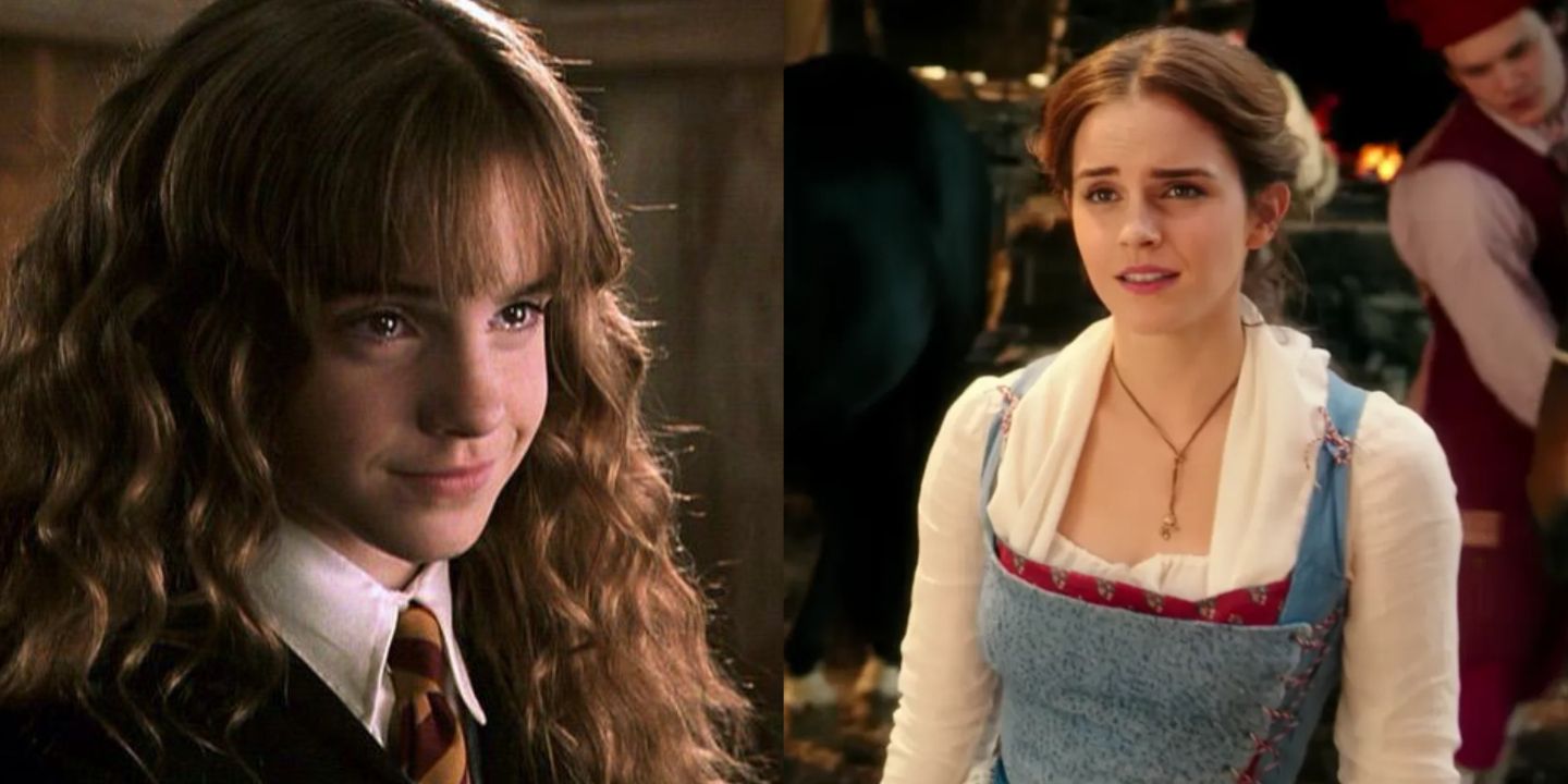 A split image of Emma Watson as Hermione Granger from Harry Potter and as Belle from Beauty and the Beast