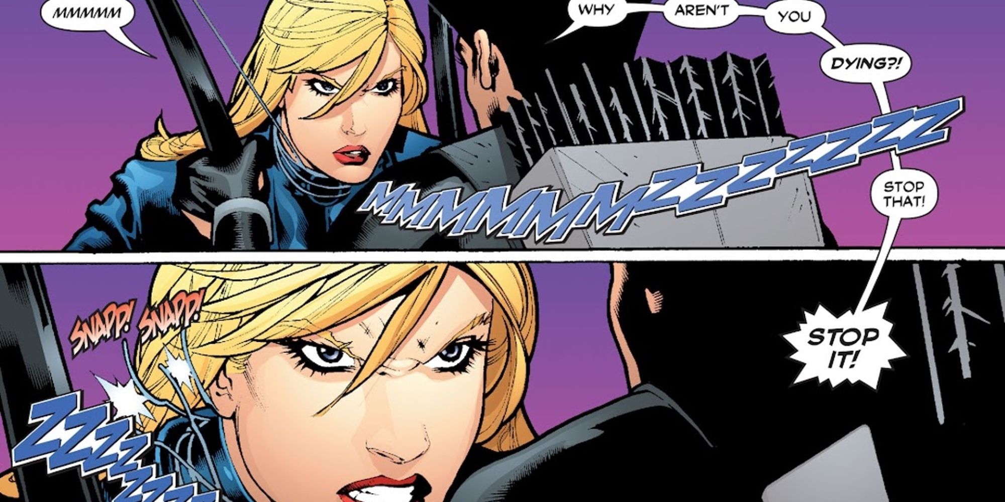 Black Canary uses her cry to escape from Merlyn's garrote DC Comics
