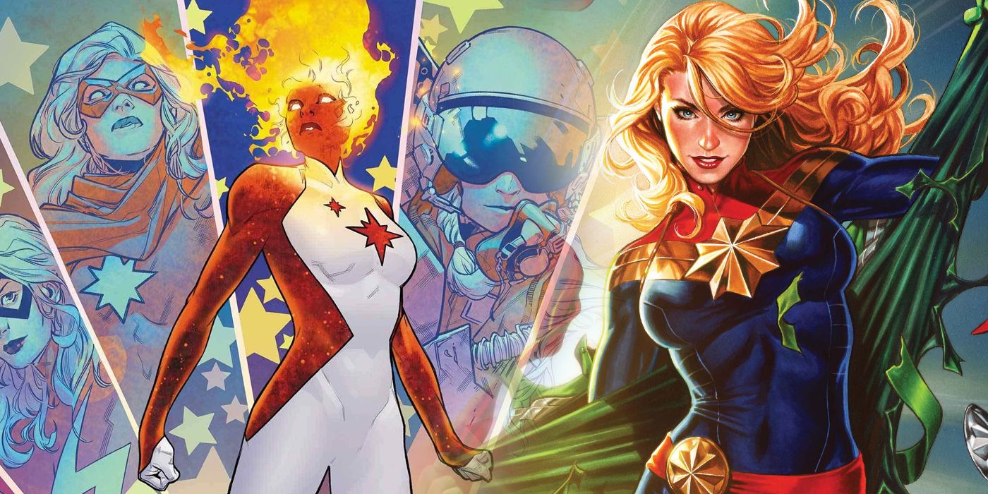 Carol Danvers in her Binary and Captain Marvel identities split image