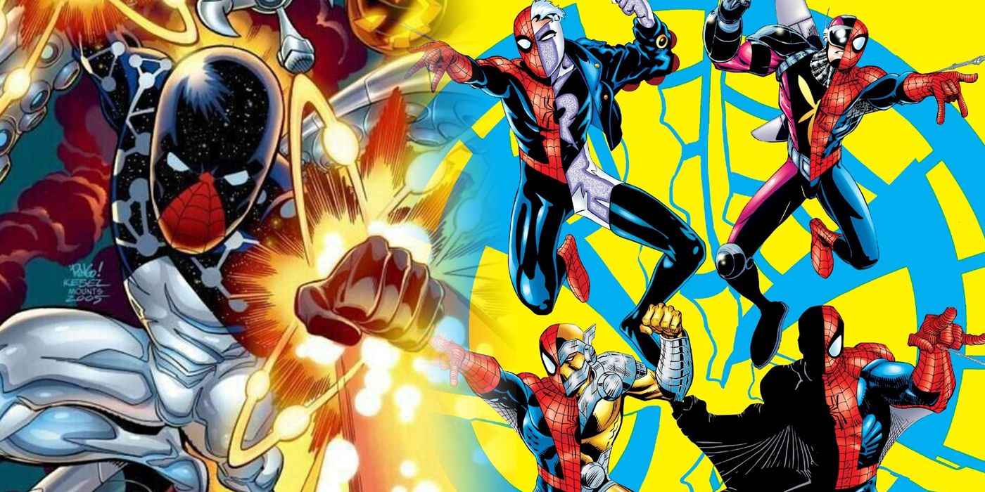 Spider-Man as Captain Universe and his Identity Crisis costumes split image