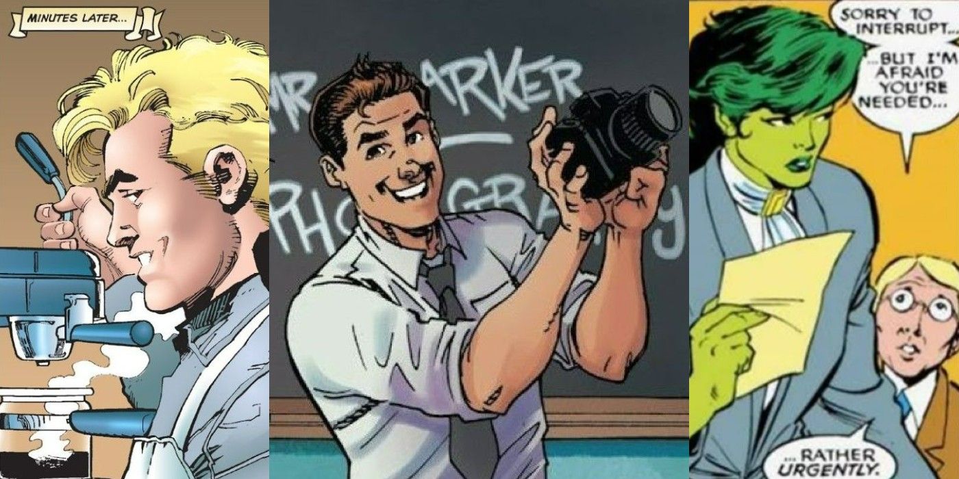 A split image of Ben Reilly working as a barista, Peter Parker teaching a high school class, and She-Hulk in court