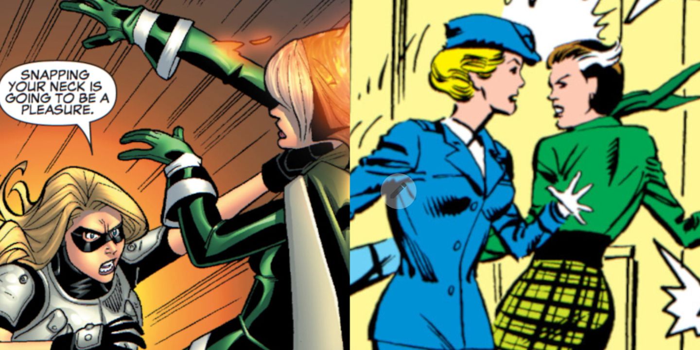 A split image of Captain Marvel choking out Rogue and of Carol Danvers bumping into Rogue at the Pentagon