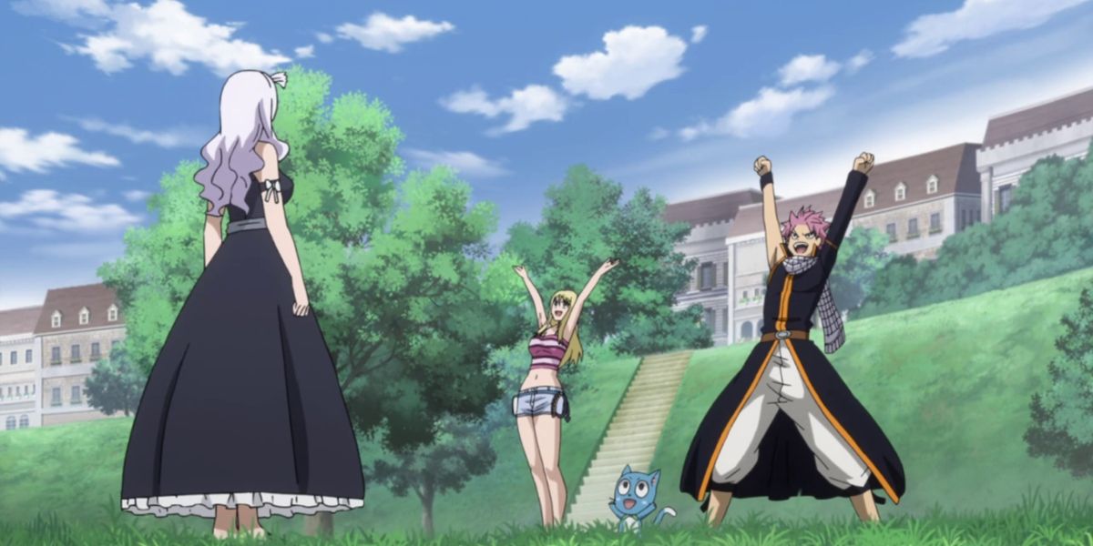 Natsu, Lucy, and Happy learn from Mirajane in Fairy Tail