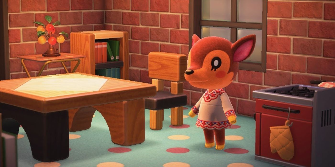 Animal Crossing Villager Fauna standing in their home
