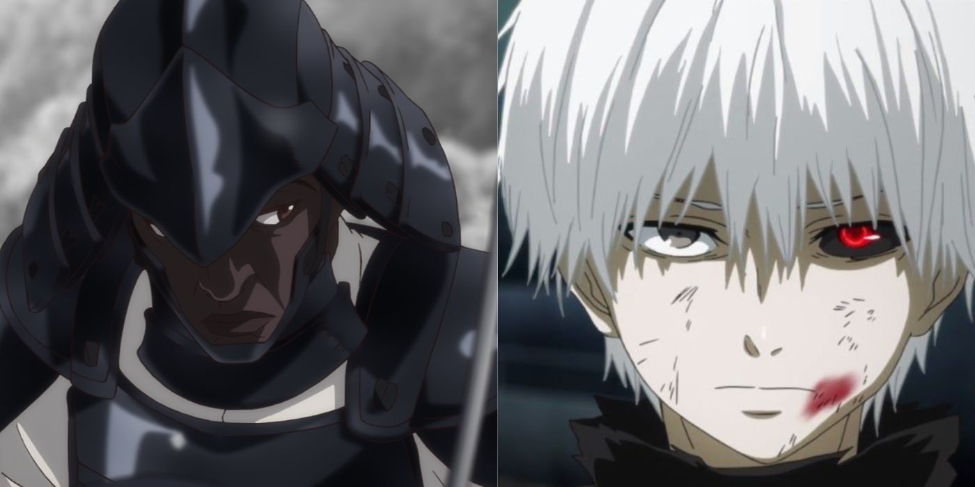 Yasuke in armor on the left, and Kaneki Ken looking straight ahead on the right