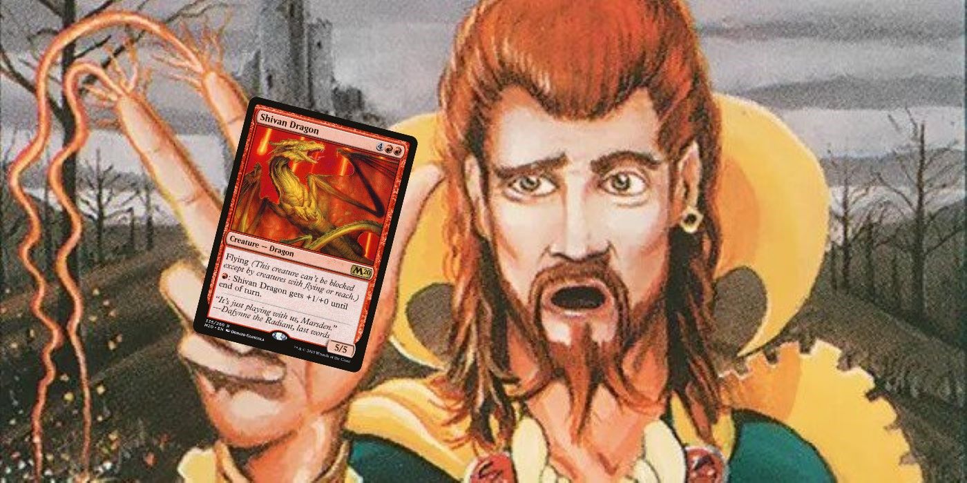 a wizard holding a shivan dragon mtg card