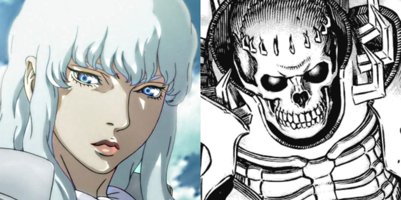 Griffith in human form on the left, and Skull Knight glaring on the right 