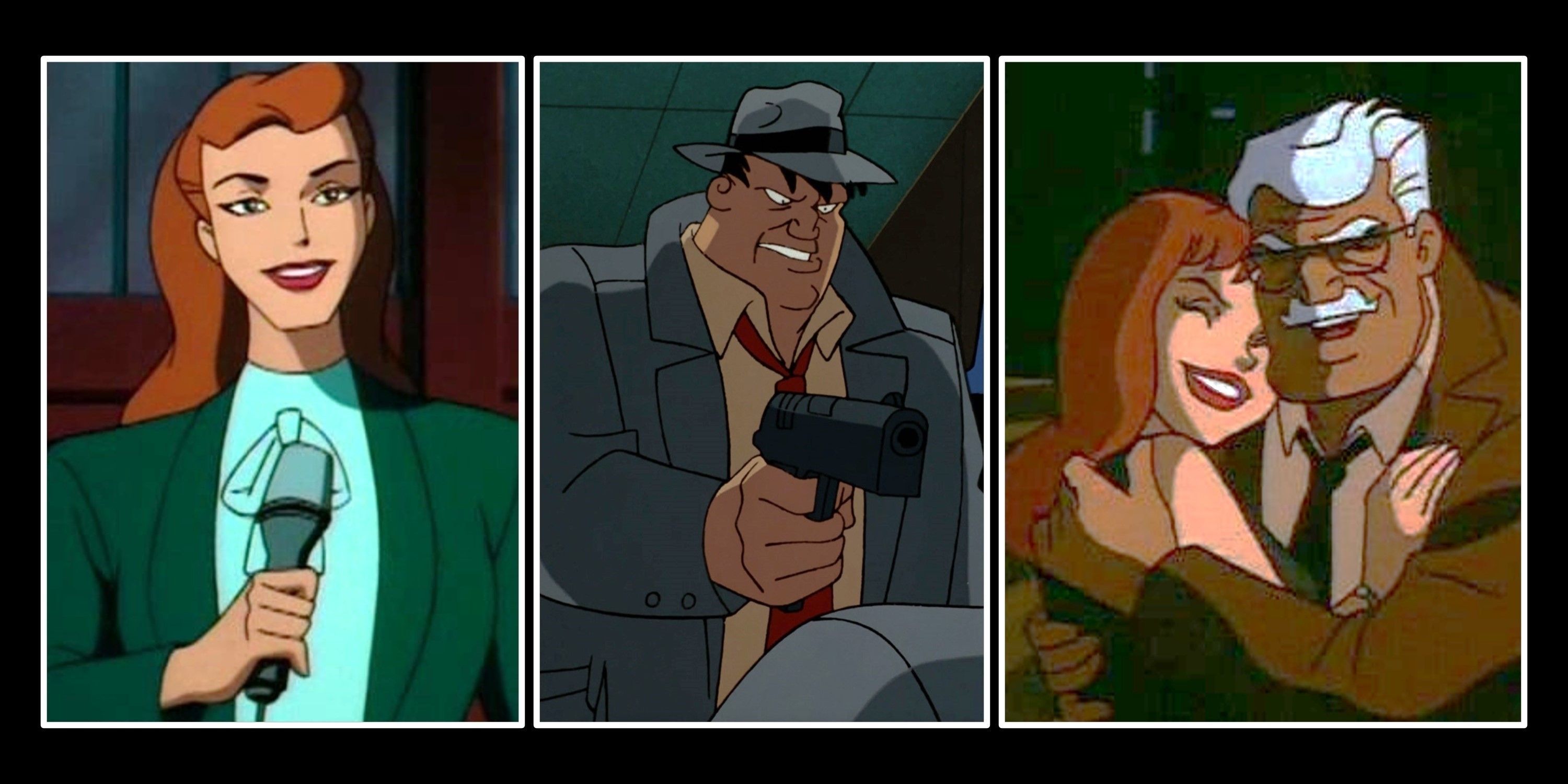 Split Image of Summer Gleeson, Harvey Bullock and Barbara and Jim Gordon from Batman: The Animated Series