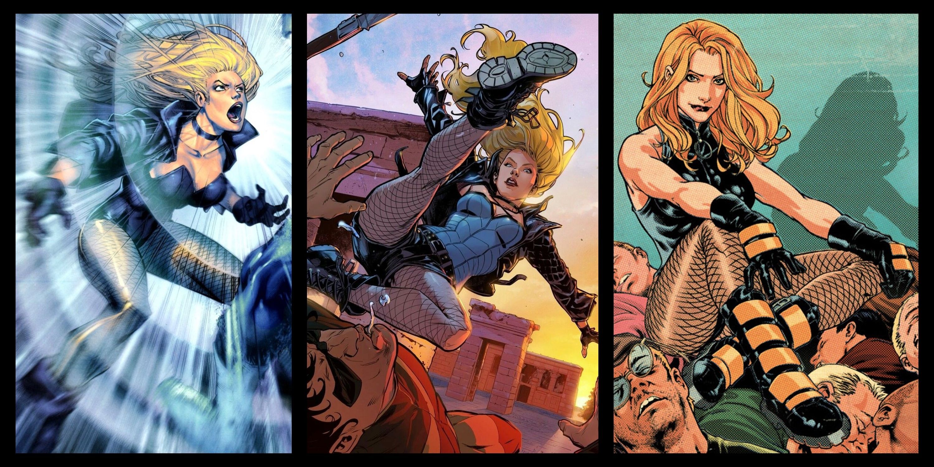 Split Image of Black Canary's Cry, kicking and seated on foes in DC Comics