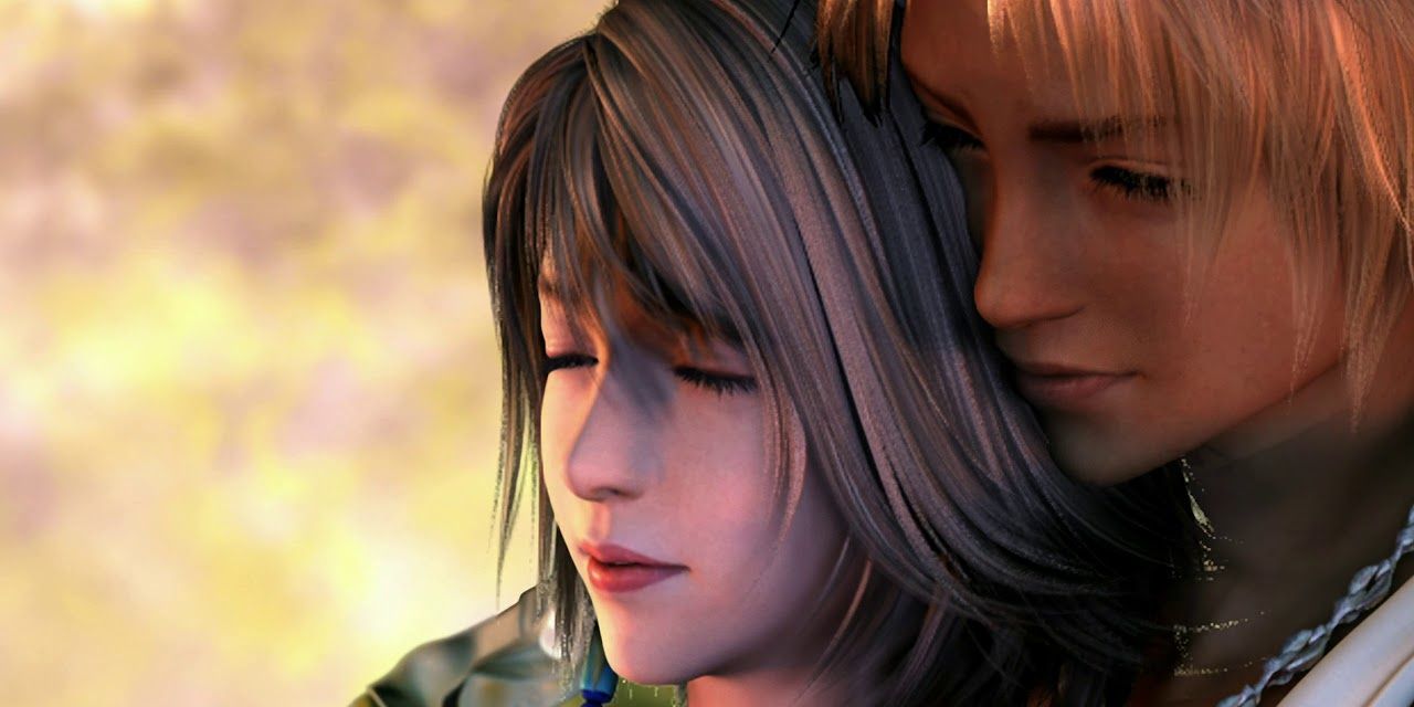 Tidus hugging Yuna in Final Fantasy X.