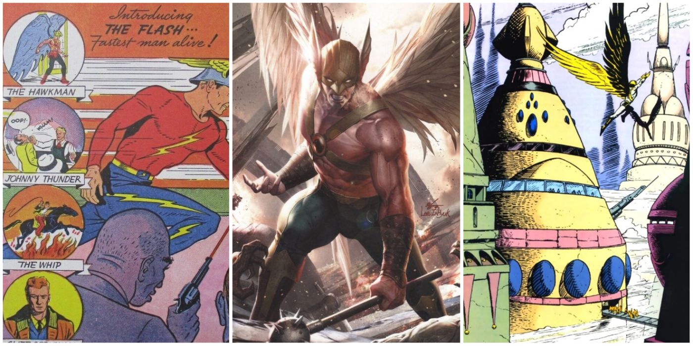 A split image of cover art for Flash Comics #1, Hawkman with his wings out, and Thangar from DC comics