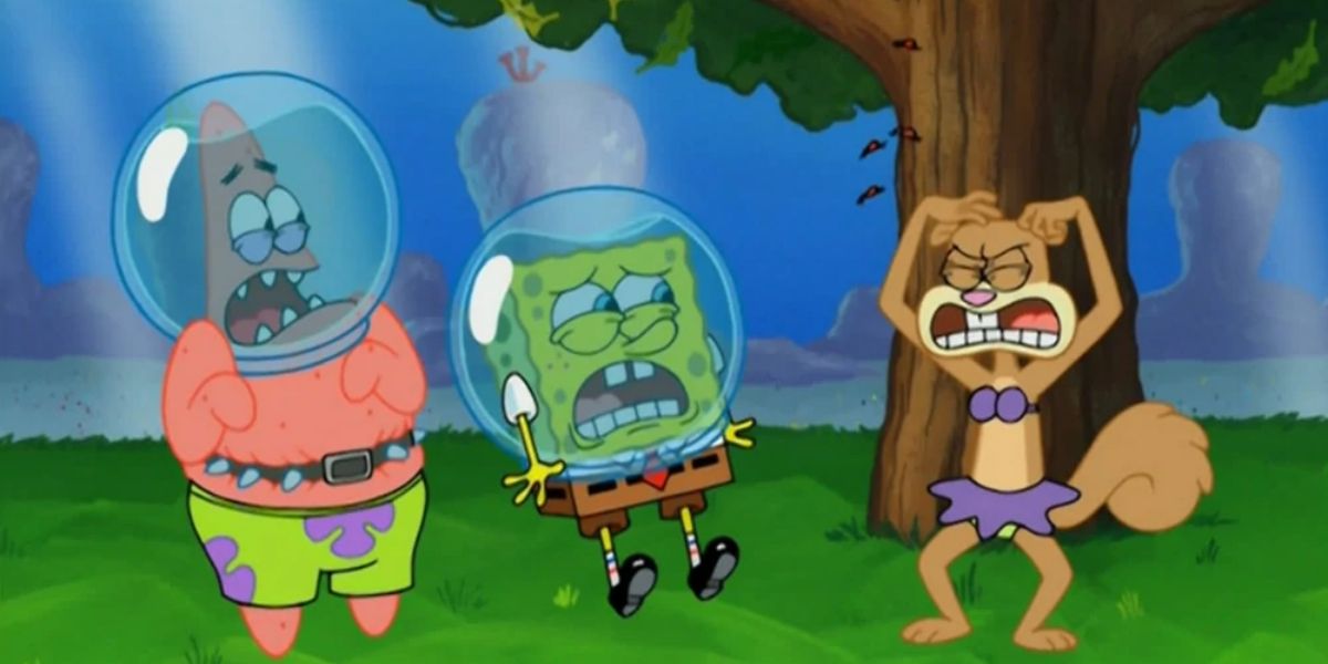 Fleas jumping off Sandy to SpongeBob and Patrick from SpongeBob Squarepants.