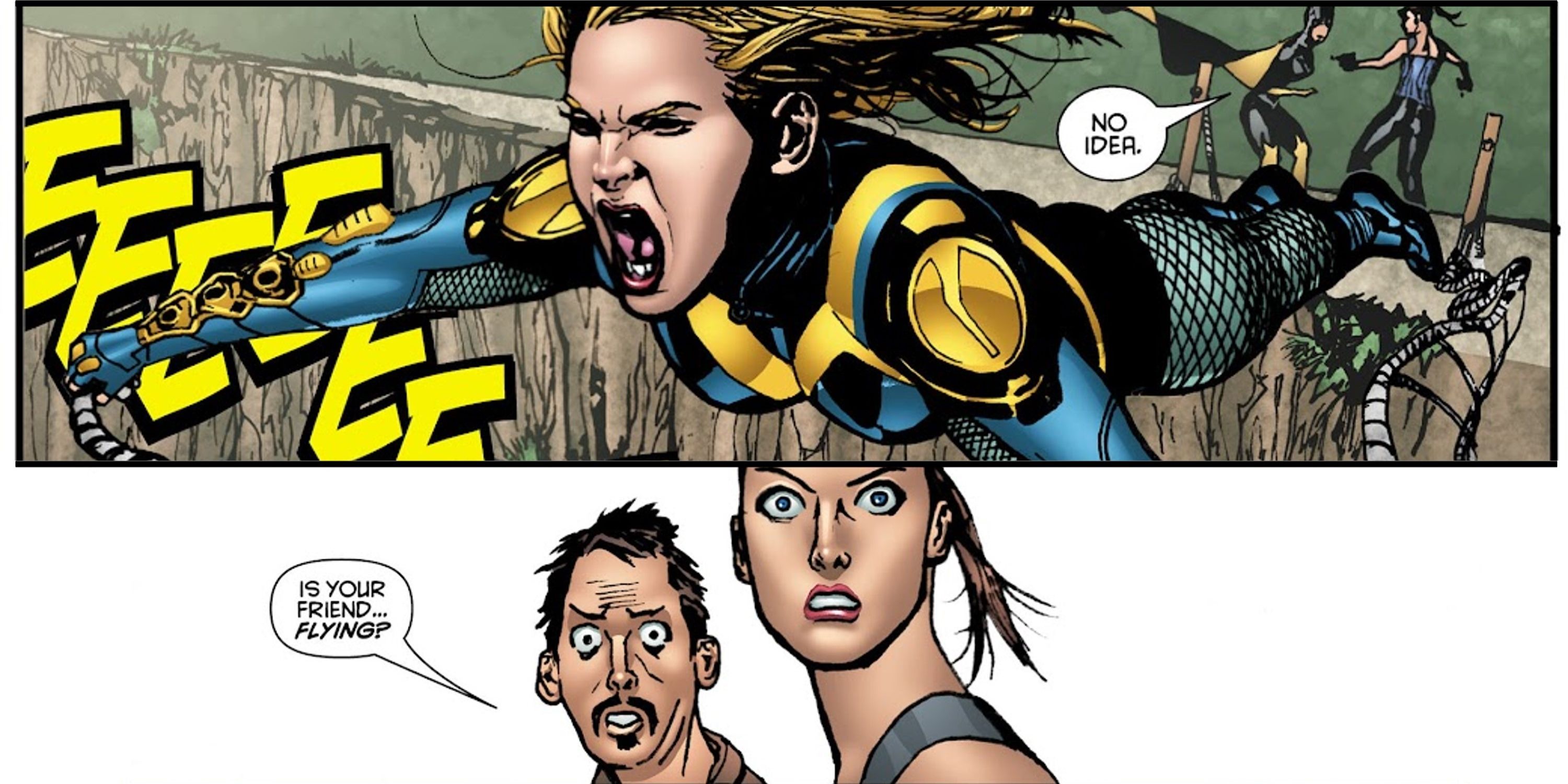 Black Canary uses her supersonic cry to "fly" in Birds of Prey, DC Comics