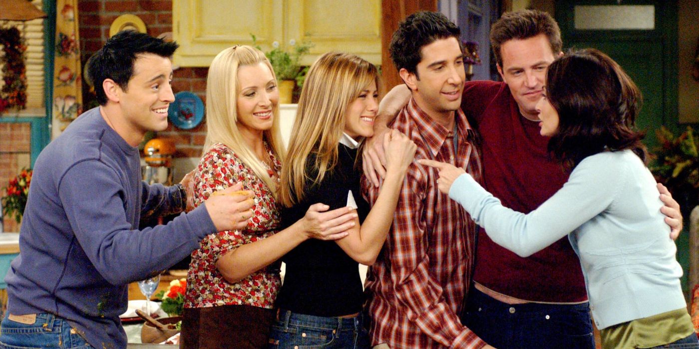 Joey, Phoebe, Rachel, Ross, Chandler, and Monica hugging in "The Last One: Part 2" finale of Friends