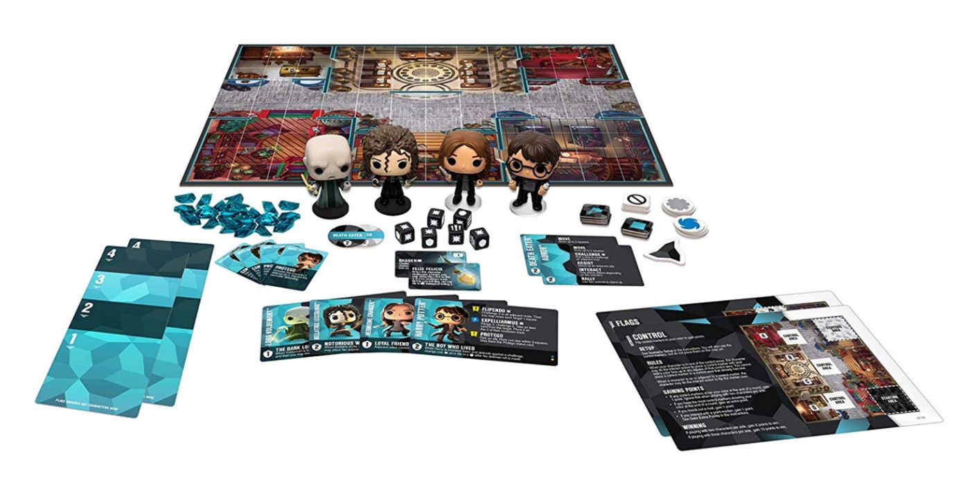 An image of the game cover and game pieces for the Funkoverse Harry Potter Strategy Game
