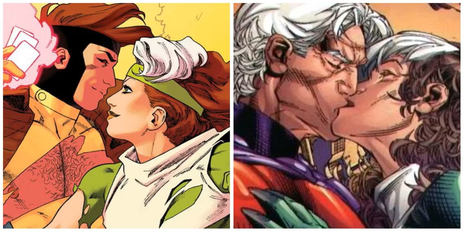A split image of Gambit and Rogue and Magneto kissing Rogue in Marvel Comics