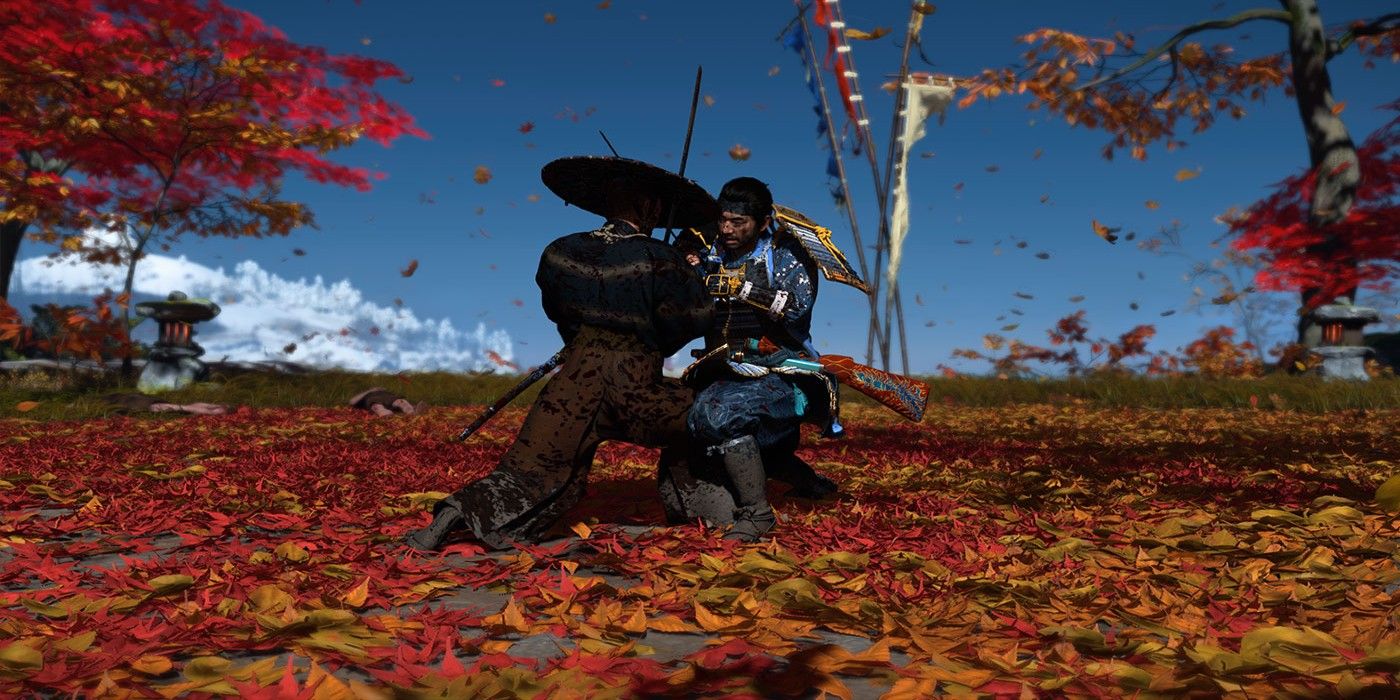 An image of two characters locked in a fierce duel in Ghost of Tsushima
