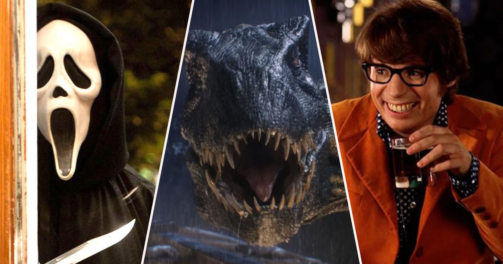 Ghostface from Scream, T-Rex from Jurassic Park, and Austin Powers
