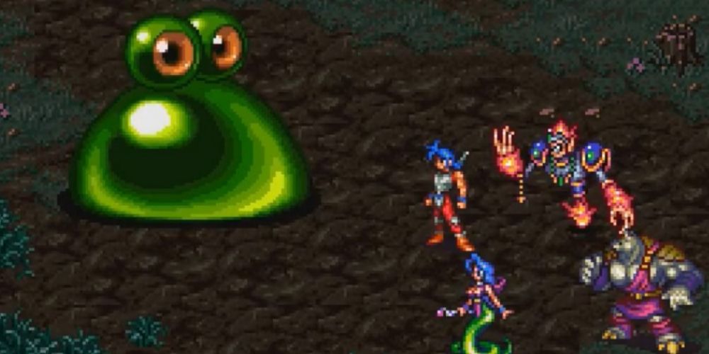 Party fighting a slime on Giant Island from Breath of Fire II